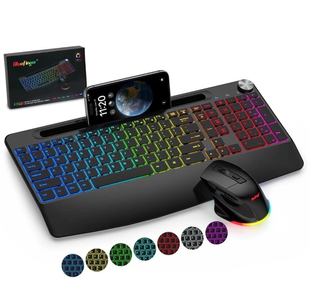 Bluefinger RGB Wireless Keyboard Mouse Combo Rechargeable Ergonomic NEW Open Box